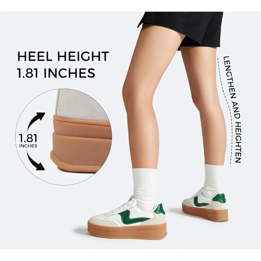 Women Platform WhiteGreen Sneaker Thick Sole Suede Leather Low Top Walking Shoes - Picture 5 of 9